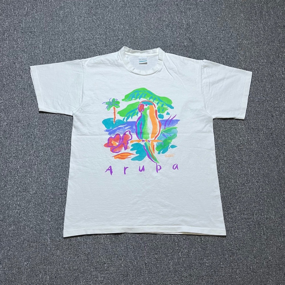 Vintage On White Aruba Parrot T Shirt Large White Neon Tropical Graphic 1993 90s